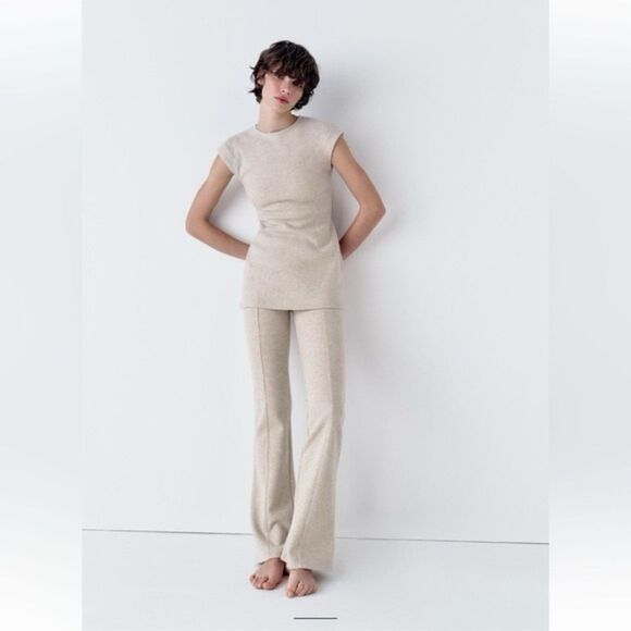 ZARA Women's 2PC Set Cream  Fitted Ribbed Top & Flared Rib Sweater Pants - Large - Picture 2 of 13